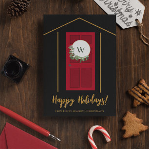 Happy Holidays Real Estate Monogram Door Wreath Holiday Card