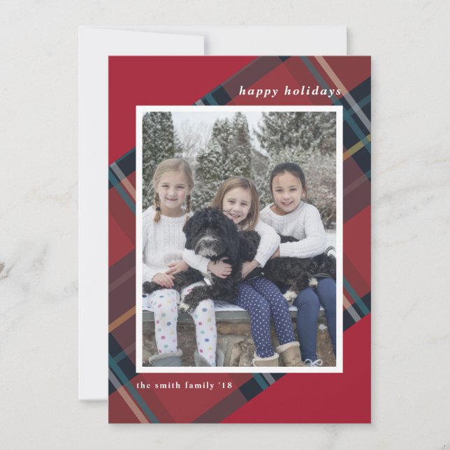 Happy Holidays Red and Blue Plaid Christmas Photo Holiday Card (Front)