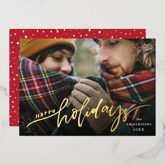 Happy Holidays Red and Gold Script Photo Foil Holiday Card (Front/Back)