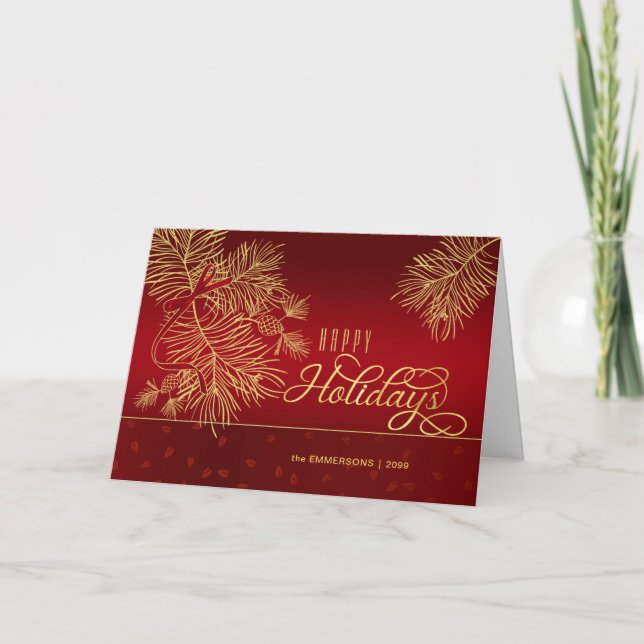 Happy Holidays Red and Golden Pines with Name Holiday Card (Front)