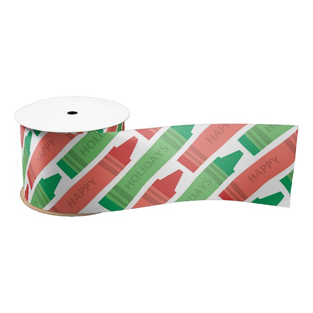 Happy Holidays Red and Green Crayon Pattern Satin Ribbon (Spool)