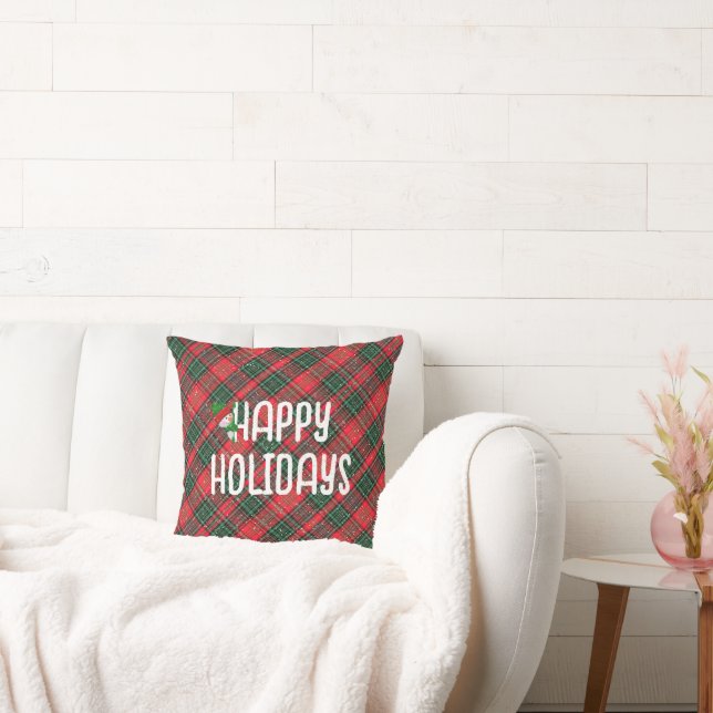 Happy Holidays Red and Green Scottish Tartan Plaid Cushion (Couch)