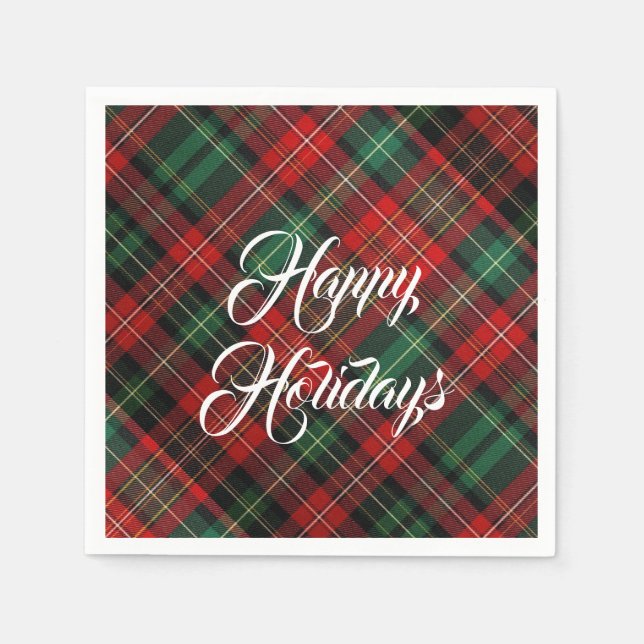 Happy Holidays Red and Green Tartan Plaid Napkin (Front)