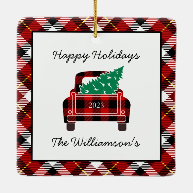 Happy Holidays Red Black Plaid Truck Tree Custom  Ceramic Ornament (Back)