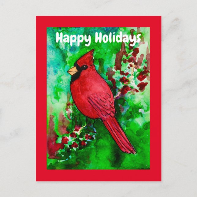 Happy Holidays Red Cardinal Bird Green Forest Postcard (Front)