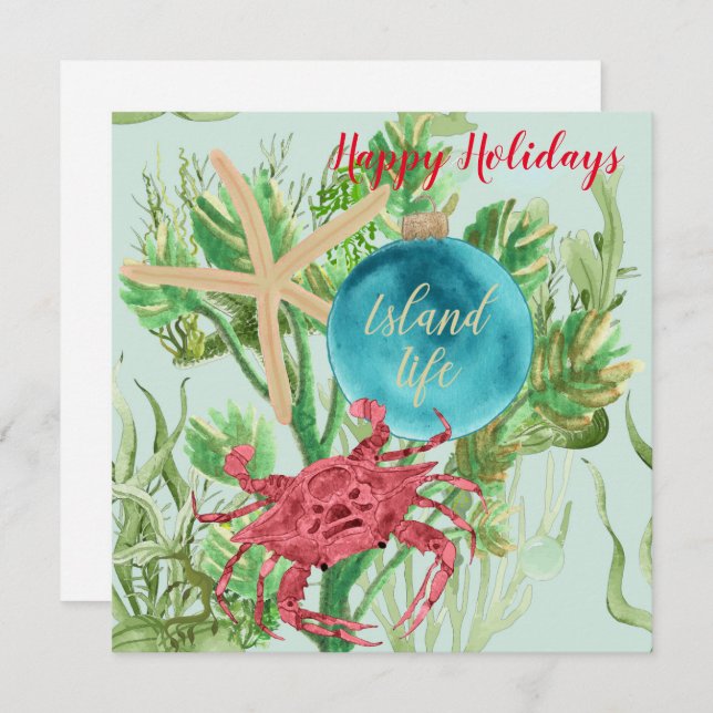 Happy Holidays Red Crab Coastal Square Greeting Card (Front/Back)