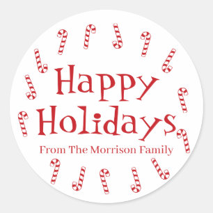 Happy Holidays red custom name cute favour Classic Round Sticker