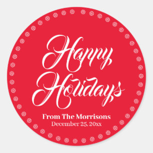 Happy Holidays red custom name cute favour Classic Round Sticker