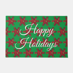 Happy Holidays Red Daisy Snowflake Door Mat