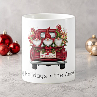 Happy Holidays Red Delivery Truck Adorable Gnomes Coffee Mug
