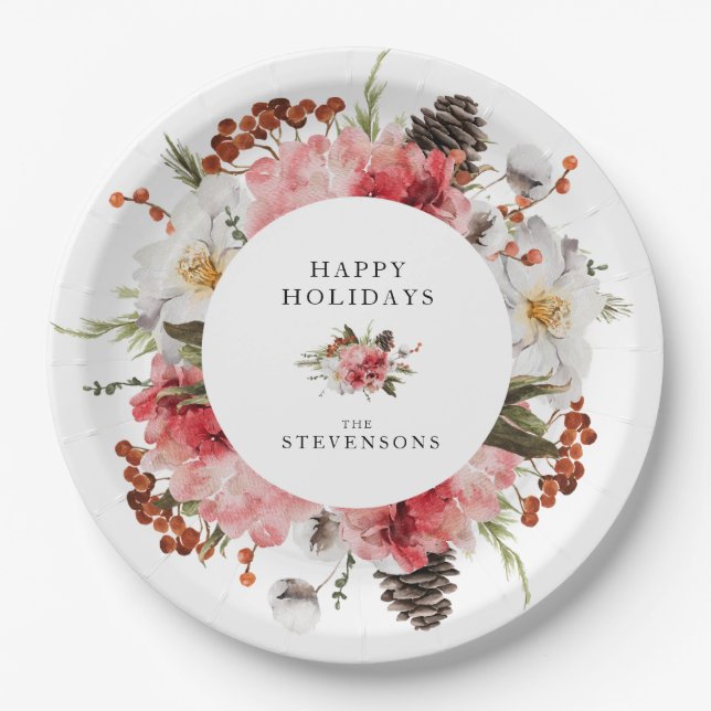 Happy Holidays Red Floral Personalised Paper Plate (Front)