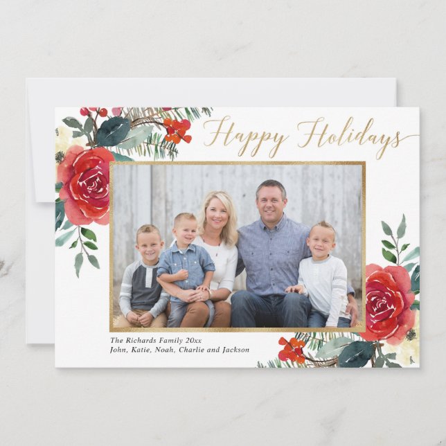 Happy Holidays red floral watercolor photo card (Front)