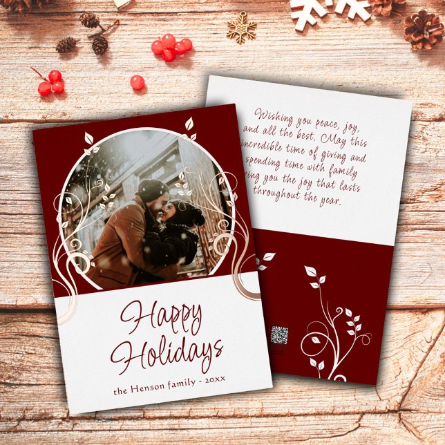 Happy Holidays Red Foliage Family Photo Rose Gold  Foil Holiday Card (Creator Uploaded)