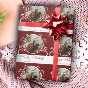 Happy Holidays Red Foliage Family Photo Wrapping Paper