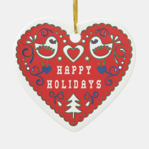 Happy Holidays Red Folk Art Heart Ceramic Ornament