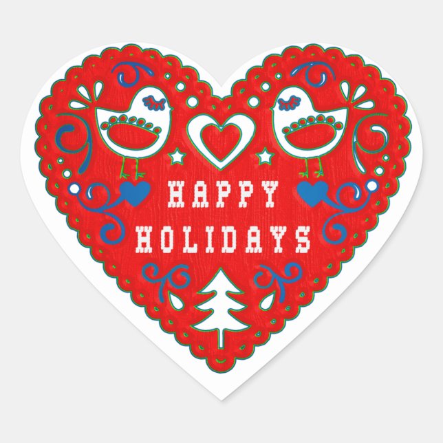 Happy Holidays Red Folk Art Heart Heart Sticker (Front)