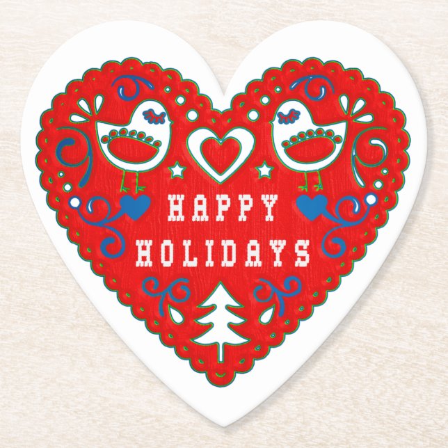 Happy Holidays Red Folk Art Heart Paper Coaster (Front)