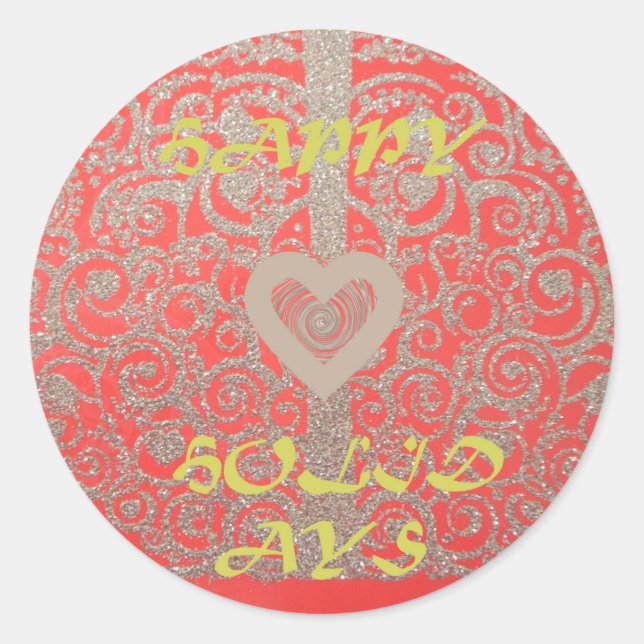 Happy Holidays Red Glitter heart design Classic Round Sticker (Front)