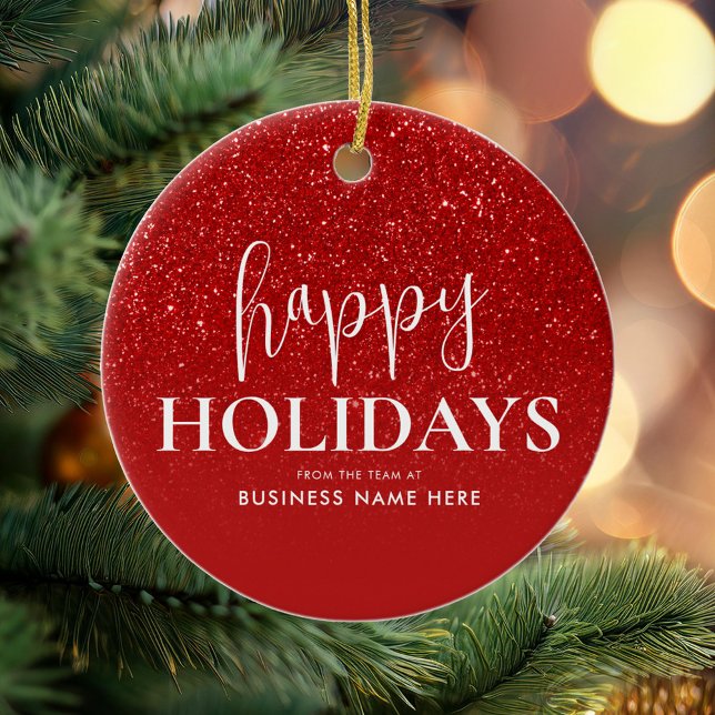 Happy Holidays Red Glitter Modern Business Ceramic Ornament (Creator Uploaded)