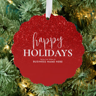 Happy Holidays Red Glitter Modern Business Tree Decoration Card