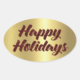Happy Holidays Red Glitter on Gold Oval Sticker