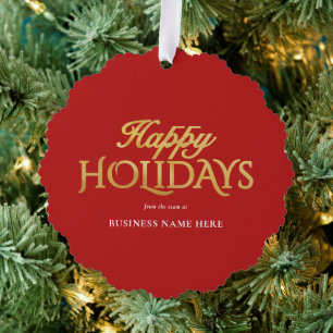 Happy Holidays Red Gold Elegant Modern Business Tree Decoration Card