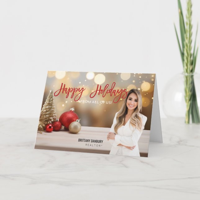 Happy Holidays Red Gold Real Estate Realtor Photo Holiday Card (Front)