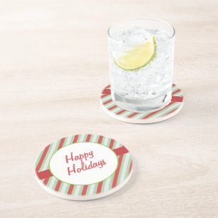 Happy Holidays Red, Green & Grey Stripes Coaster