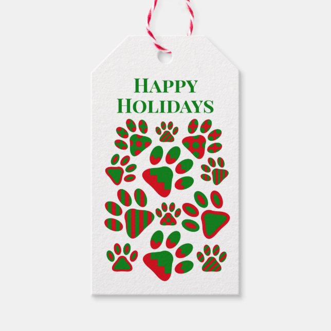 Happy Holidays Red Green Patterned Paw Prints  Gift Tags (Front)