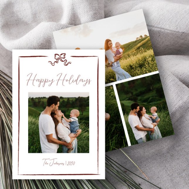 Happy Holidays Red Hand Drawn Bow Four Photo Invitation (Creator Uploaded)