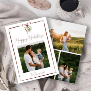 Happy Holidays Red Hand Drawn Bow Winter 4 Photo Invitation