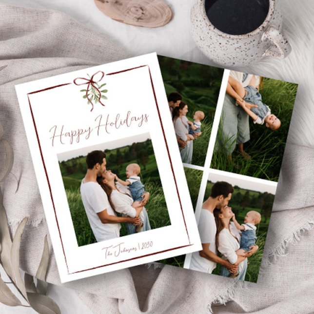 Happy Holidays Red Hand Drawn Bow Winter 5 Photo Invitation (Creator Uploaded)