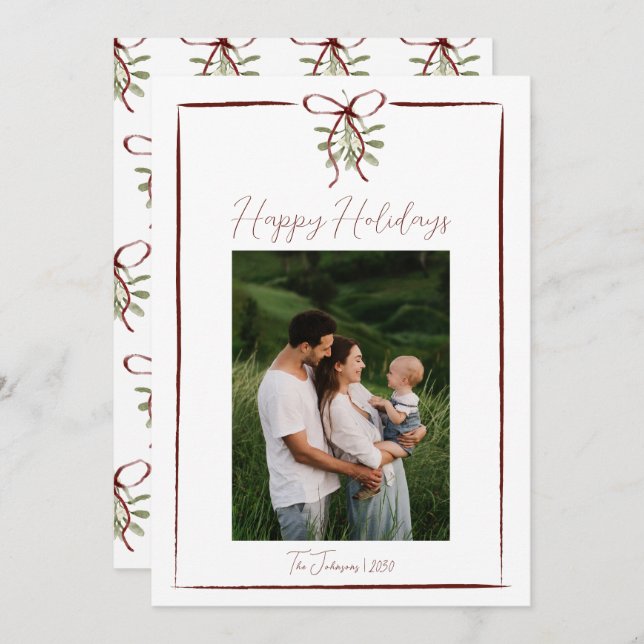 Happy Holidays Red Hand Drawn Bow Winter Photo Invitation (Front/Back)