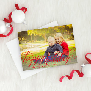 Happy Holidays Red Handwritten Script Photo Holiday Card