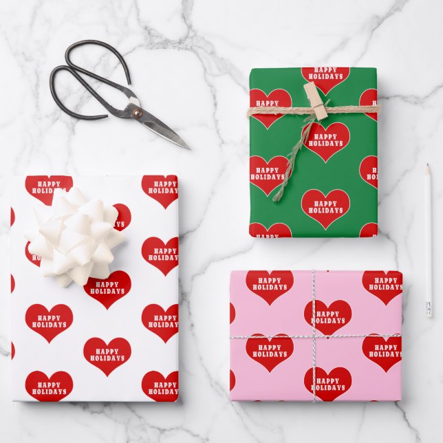 HAPPY HOLIDAYS Red Love Heart Wrapping Paper Sheet (Front)