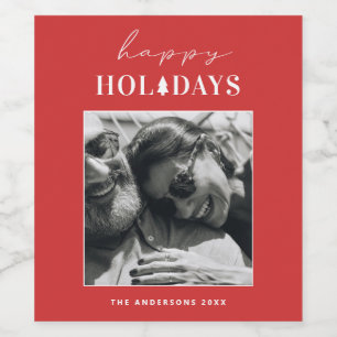Happy Holidays Red Modern Christmas Winter Photo Wine Label