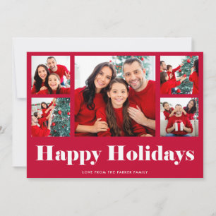 Happy Holidays Red Modern Photo Grid Holiday Card