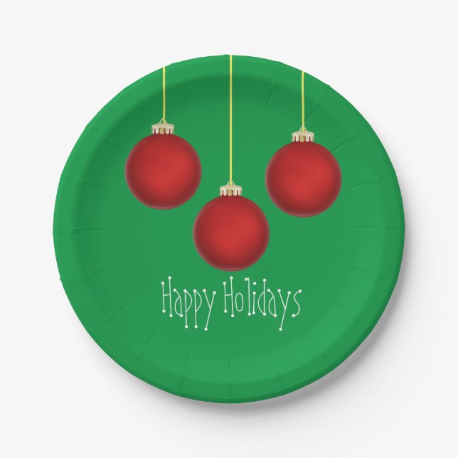 Happy Holidays Red Ornaments Paper Plate (Front)