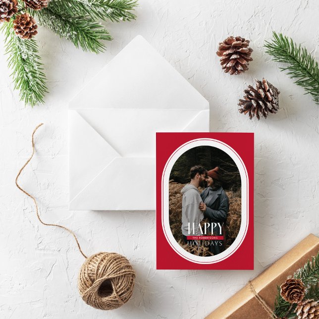 Happy Holidays Red Oval Frame Photo Card (Creator Uploaded)