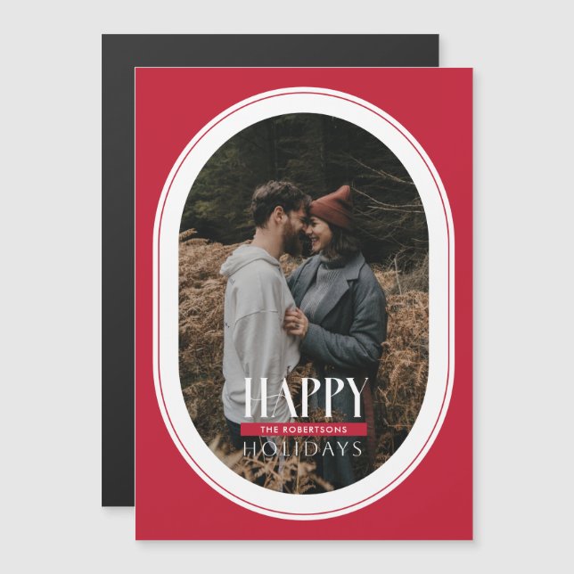 Happy Holidays Red Oval Frame Photo Card (Front/Back)
