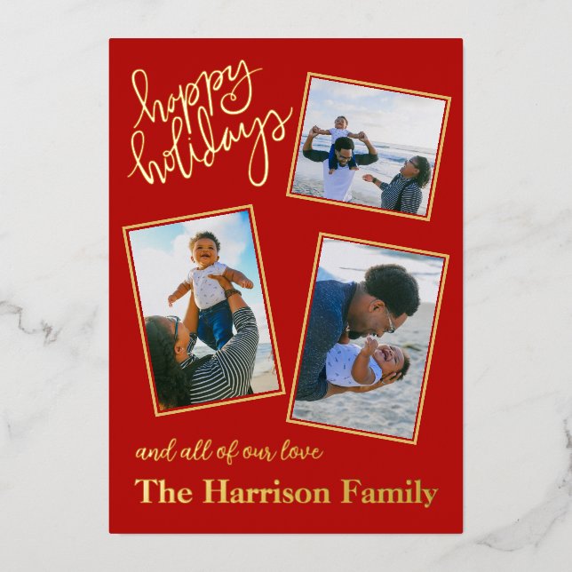 Happy Holidays Red Personalised 4 Photo Gold  Foil Holiday Card (Front)