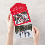 Happy holidays red photo collage unique trifold all in one invitation<br><div class="desc">Send one of a kind holiday greetings with this unique trifold photo card. Featuring an elegant type treatment saying "Happy holidays" along with a collage of seven photos, this design also features a detachable section with a single photo. Include a family update on the back. Best of all, this can...</div>