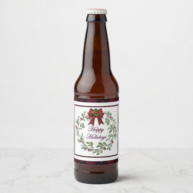 Happy Holidays Red Plaid Beer Bottle Label (Front)