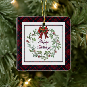 Happy Holidays Red Plaid Ceramic Ornament