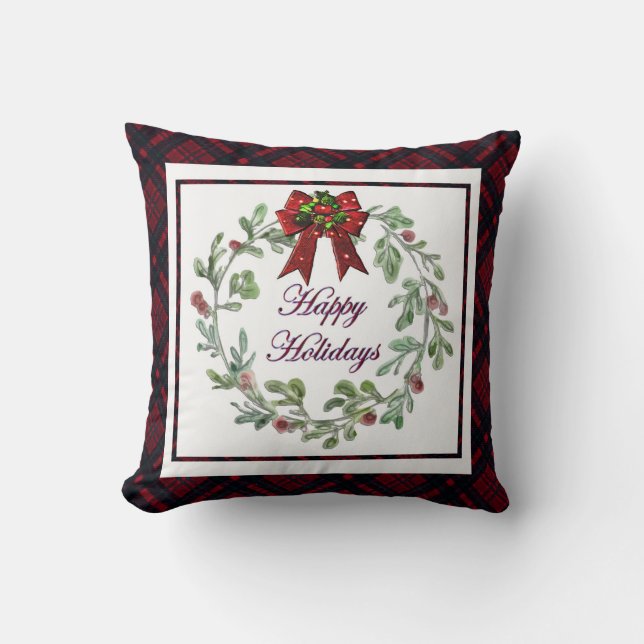 Happy Holidays Red Plaid Cushion (Front)