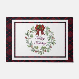 Happy Holidays Red Plaid  Doormat