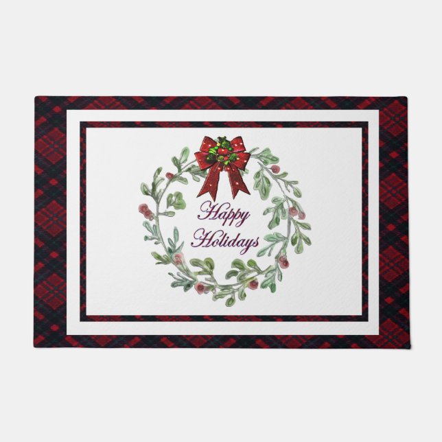 Happy Holidays Red Plaid  Doormat (Front)
