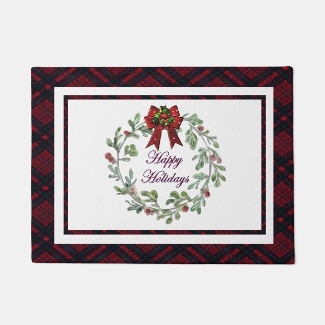 Happy Holidays Red Plaid  Doormat (Front)