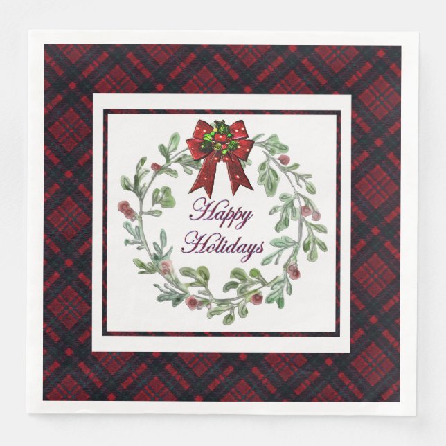 Happy Holidays Red Plaid  Napkin (Front)
