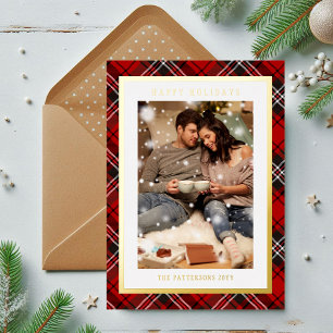 Happy Holidays Red Plaid Tartan Photo Christmas Foil Holiday Card